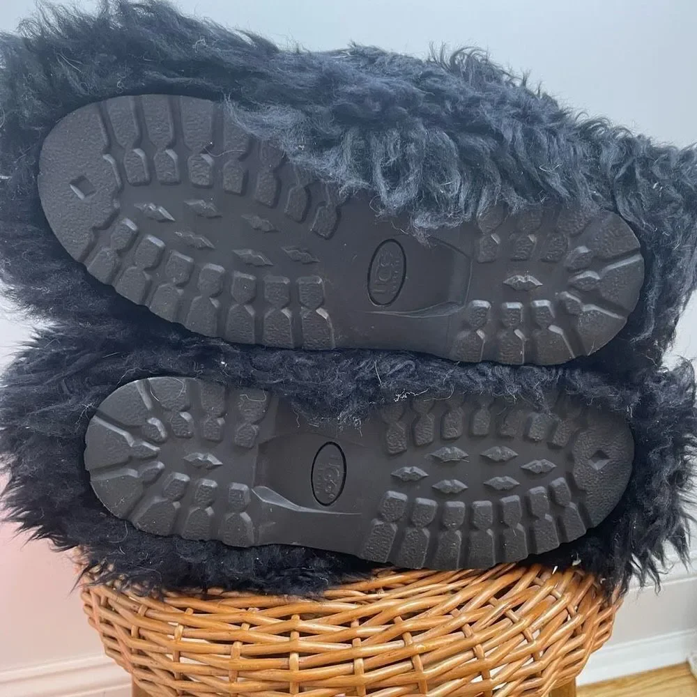UGG Australia Tall Black Fluff Mama Boots 7 Shaggy Momma Wool‎ Fluffy Rare Y2K